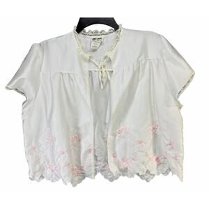 Vintage 70s Miss Dior Bed Jacket Womens L White Embroidered Cropped Coquette USA